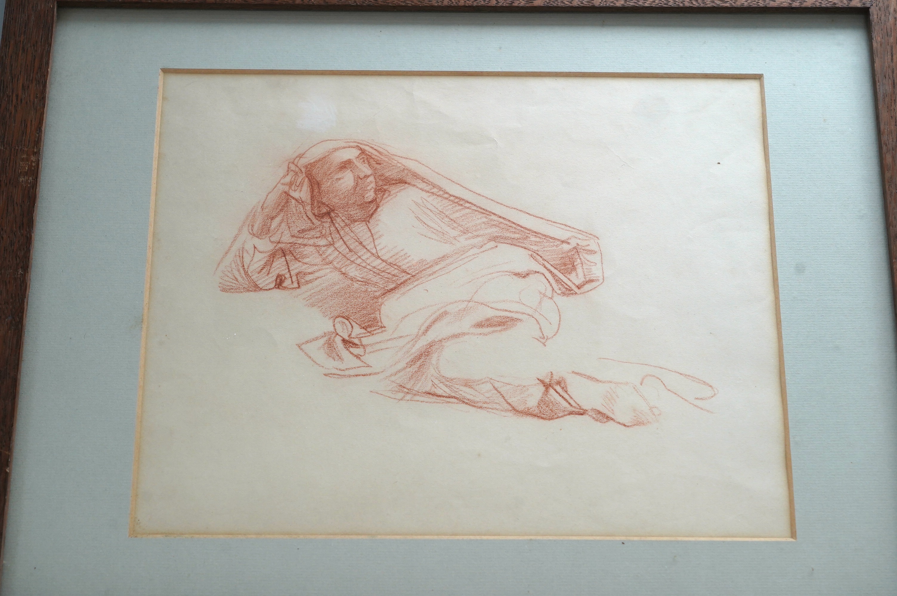 Alfred George Stevens (1817-1875), sanguine chalk, Study of a reclining male, unsigned, 23 x 29.5cm. Condition - fair